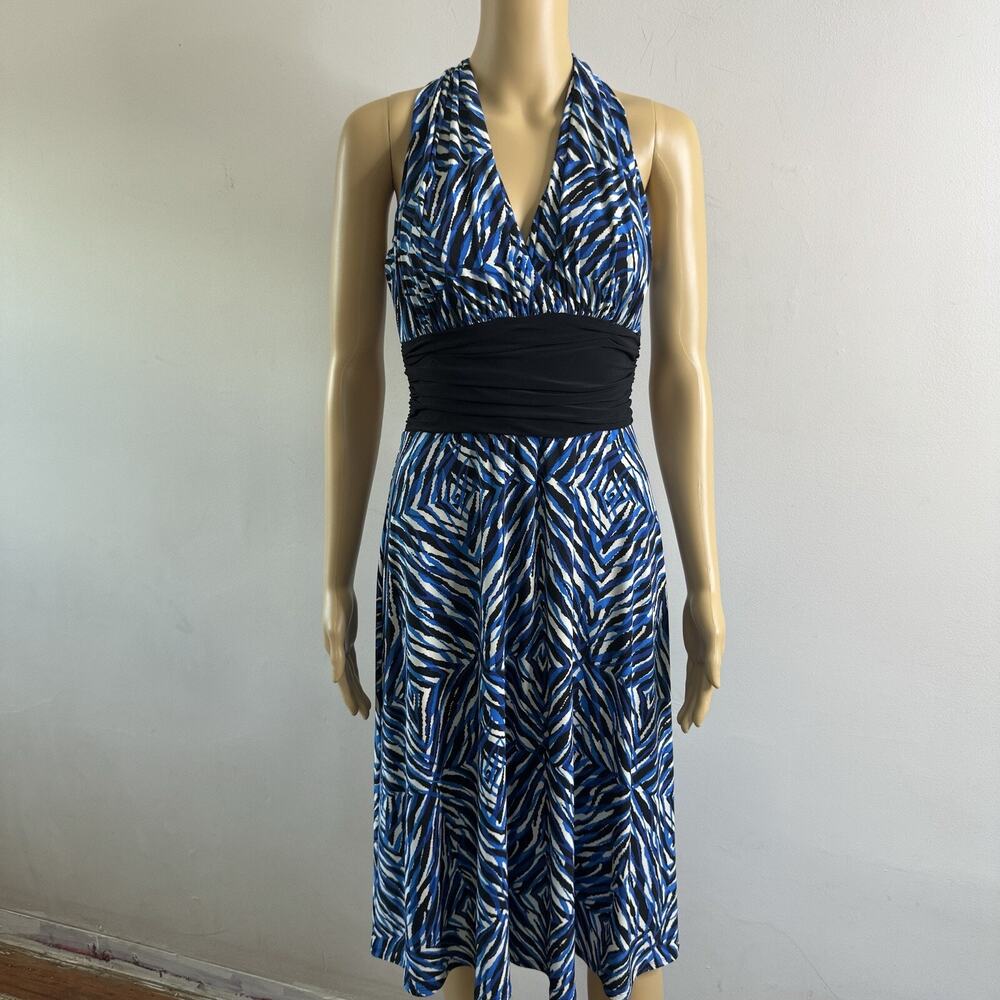 Vintage 90s Evan Picone Blue Geometric Halter Midi Dress Indie Pinup 6